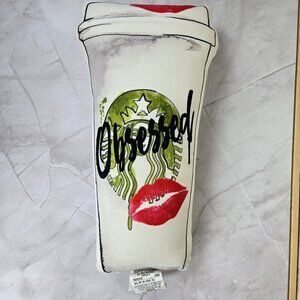 Starbucks Coffee Cup Shaped Accent Pillow "Obsessed" Red Lip Print Whimsical